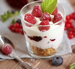 Natural yogurt with fresh berries and muesli. Healthy dessert.
