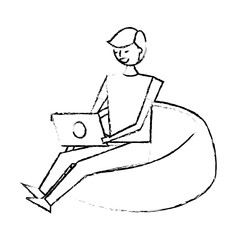 young man sitting working with laptop on bean bag vector illustration sketch design