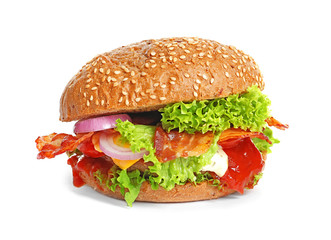 Tasty burger with bacon on white background