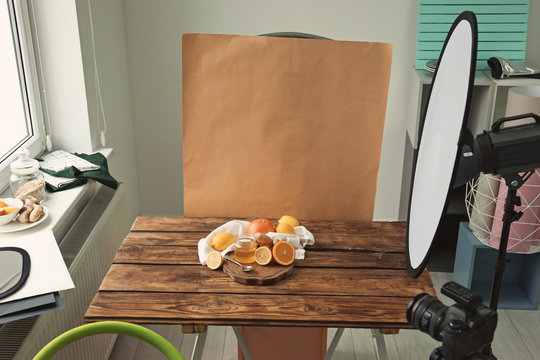 Photo studio with professional equipment for shooting food
