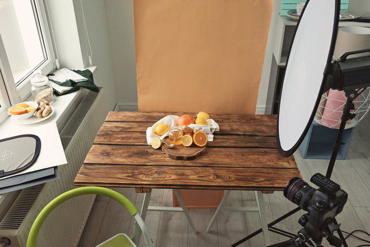 Photo studio with professional equipment for shooting food