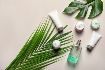 Different skin care cosmetic products with green leaves on light background, top view