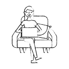 happy woman sitting in the sofa with her laptop vector illustration sketch design