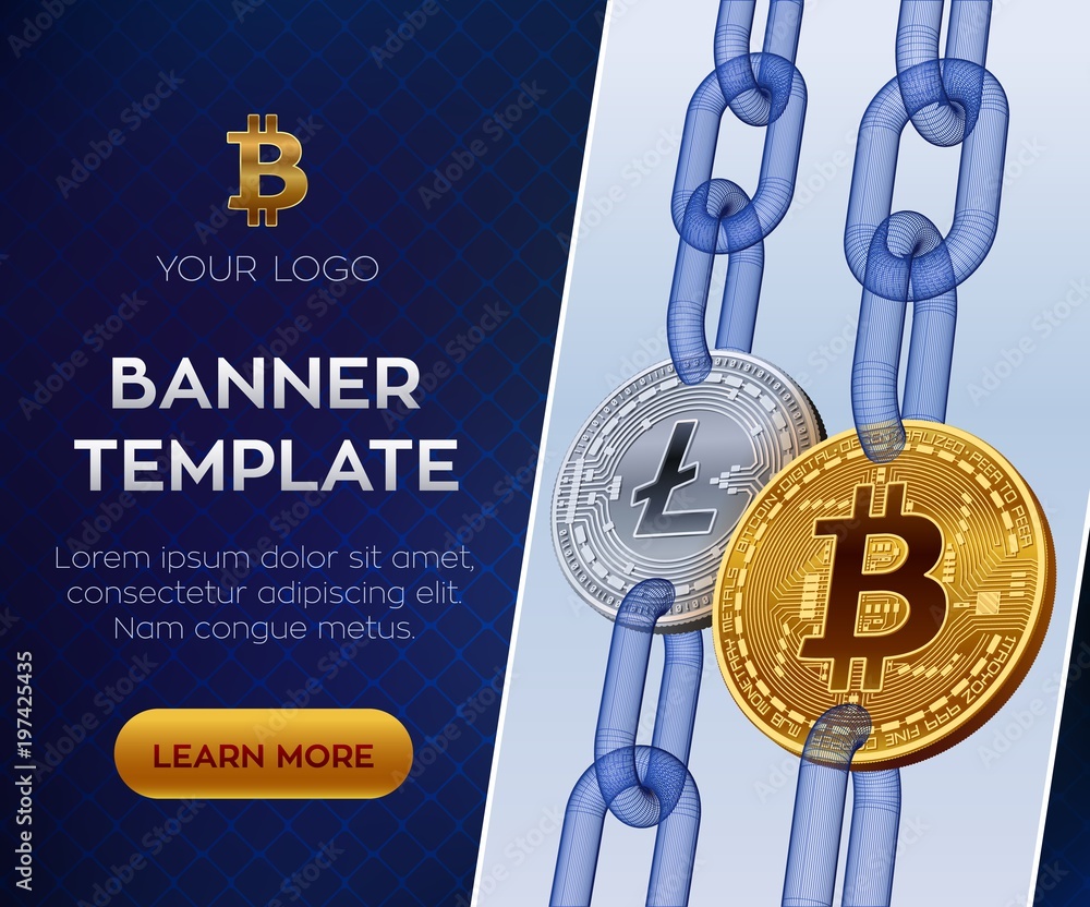 Poster crypto currency editable banner template. bitcoin. litecoin. 3d isometric physical bit coins. golden