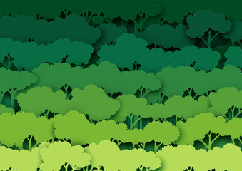 Obraz premium Uratuj świat dzięki koncepcji ekologii i ochrony środowiska. Styl sztuki papieru zielony las i krajobraz przyrody. Ilustracja wektorowa.