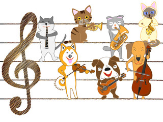 Obraz na płótnie Canvas 猫と犬のコンサート。
