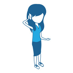 Woman standing and Talking on Cellphone over white background, blue shading design. vector illustration