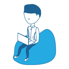 avatar young man sitting on a bean bag and using a laptop computer over white background, blue shading design.  vector illustration