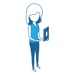 avatar woman standing and using the cellphone over white background, blue shading design. vector illustration