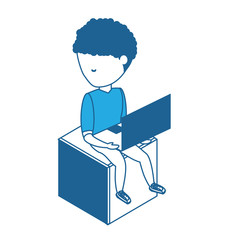 avatar young man sitting on a cube seat and using a laptop computer  over white background, blue shading design. vector illustration