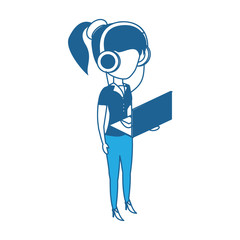 avatar woman standing and using a laptop computer and headphones over white background, blue shading design. vector illustration