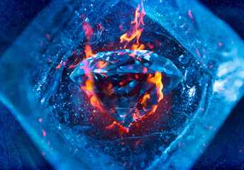 Photo of a burning diamond inside blue cold ice cube.