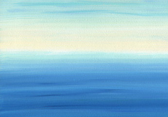 Obraz premium Smooth oil painting texture and color of calm sea and sky with distant horizon. View from a high coast. Palette in deep blue and milky tones.