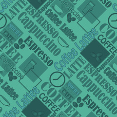 Lettering coffee and icons seamless pattern illustration background