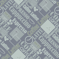 Lettering coffee and icons seamless pattern illustration background