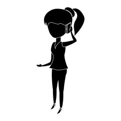 Woman standing and Talking on Cellphone over white background, vector illustration