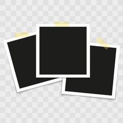 Set of vintage photo frames with tape on transparent background. Vector.
