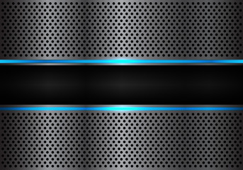 Abstract black blue line light banner on dark gray metal circle mesh design modern futuristic background vector illustration.