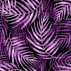 Seamless watercolor pattern, background. Palm leaf background, postcard. pink, purple tropical palm leaf. Illustration for design wedding invitations, greeting cards, postcards. On a black background