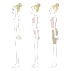 下着、裸、ヨガパンツの女性全身イラスト　美容　横向き