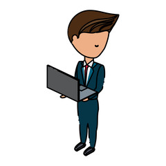 avatar businessman standing and using a laptop computer over white background, colorful design. vector illustration