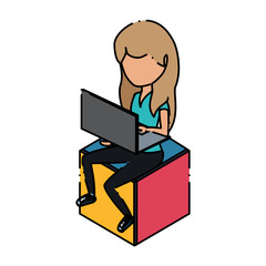 Fototapeta na wymiar avatar woman sitting on a cube seat and using a laptop computer over white background, colorful design. vector illustration