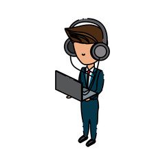 avatar businessman standing and using a laptop computer and headphones over white background, colorful design. vector illustration