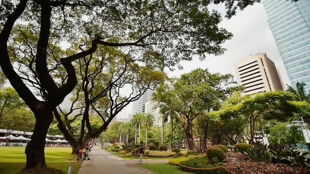 Gardens and skyscrapers seen at Ayala Triangle Park, in Makati, Metro Manila.