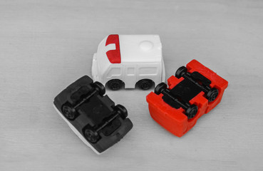 Fototapeta premium Transportation icon - black, white and red color of car crash accident with emergency ambulance for injured to hospital