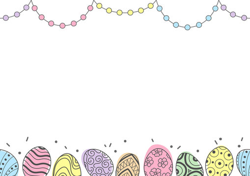 Easter eggs in gray outline and colorful plane and dots line up at top and bottom of picture on white background. Cute hand drawn seamless pattern design for Easter festival in vector illustration.