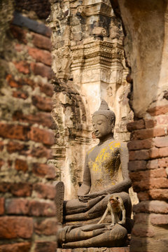 Beautiful rock Buddha Image with monkey