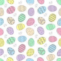 Easter eggs in light gray outline and colorful plane with bunny random on white background. Cute hand drawn seamless pattern design for Easter festival in vector illustration.