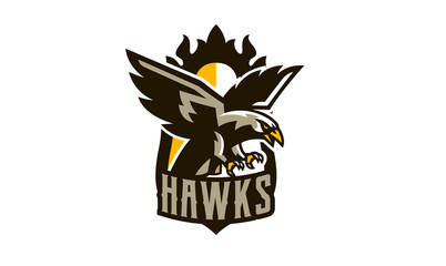 Colorful emblem, badge, logo of flying eagle. Bird, hunter, predator, dangerous animal, shield, lettering. Mascot sports club, vector illustration