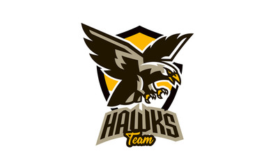 Colorful emblem, badge, logo of flying eagle. Bird, hunter, predator, dangerous animal, shield, lettering. Mascot sports club, vector illustration