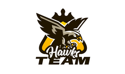 Colorful emblem, badge, logo of flying eagle. Bird, hunter, predator, dangerous animal, shield, lettering. Mascot sports club, vector illustration