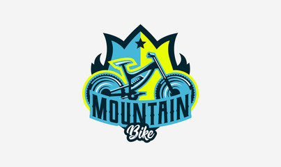 Fototapeta na wymiar Colorful logo, emblem, mountain bike icon. Bicycle, transport, downhill, freeride, extreme, sports. T-shirt printing, vector illustration.