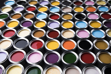 Collection of colored paints cans