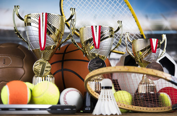 Winner trophy,  Sport equipment and balls