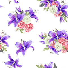 Naklejka na ściany i meble white and pink Rose and violet lily seamless pattern Vector