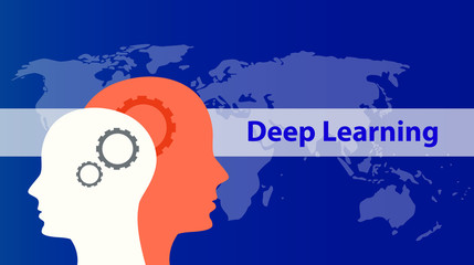 a deep learning concept illustration with human robotic head and map as background vector graphic illustration