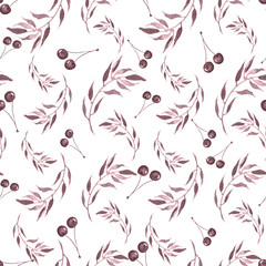 Watercolor seamless background with berries of cherries, leaves. A beautiful vintage pattern, an ornament for your design, wallpaper, textiles, packaging, cards. Burgundy, pink color.