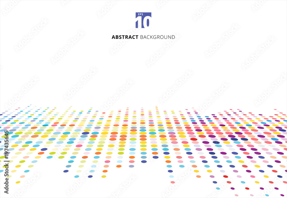 Poster abstract colorful halftone texture dots pattern perspective isolated on white background.