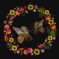 Embroidery wreath of flowers and tropical butterfly. Classical embroidery red roses, peonies, sunflowers, butterflies. Fashion template for clothes, textiles, t-shirt design