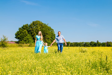 Fototapeta premium Young happy caucasian family with baby girl celebration fathers day outdoors. Summer, green field, blue sky, walking