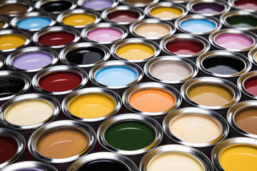 Collection of colored paints cans