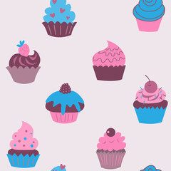 Cute seamless pattern of cupcakes with flowers