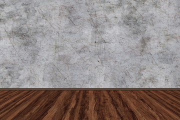 Room perspective,grunge grey concrete wall and wooden plank grou.