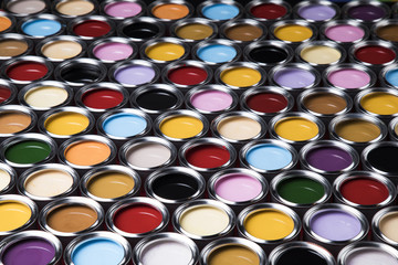 Collection of colored paints cans