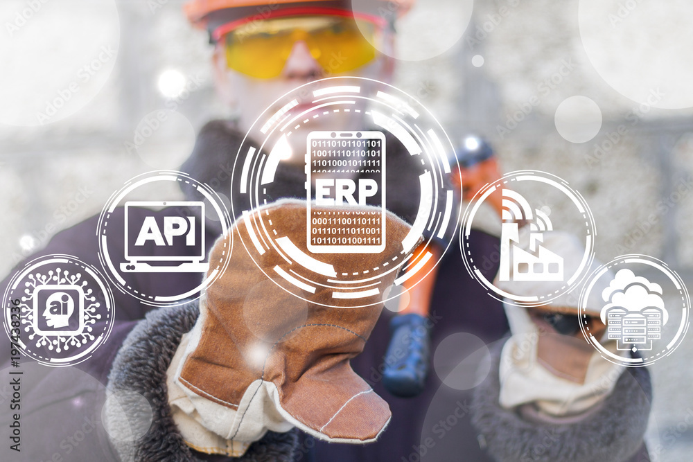 Aufkleber manufacturing engineer pressing erp smartphone button on a virtual screen. mobile enterprise resourc