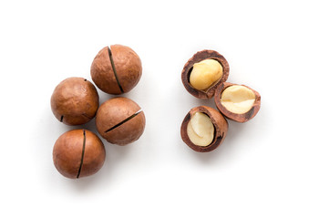 Isolated macadamia nuts on white background. Top view. 
